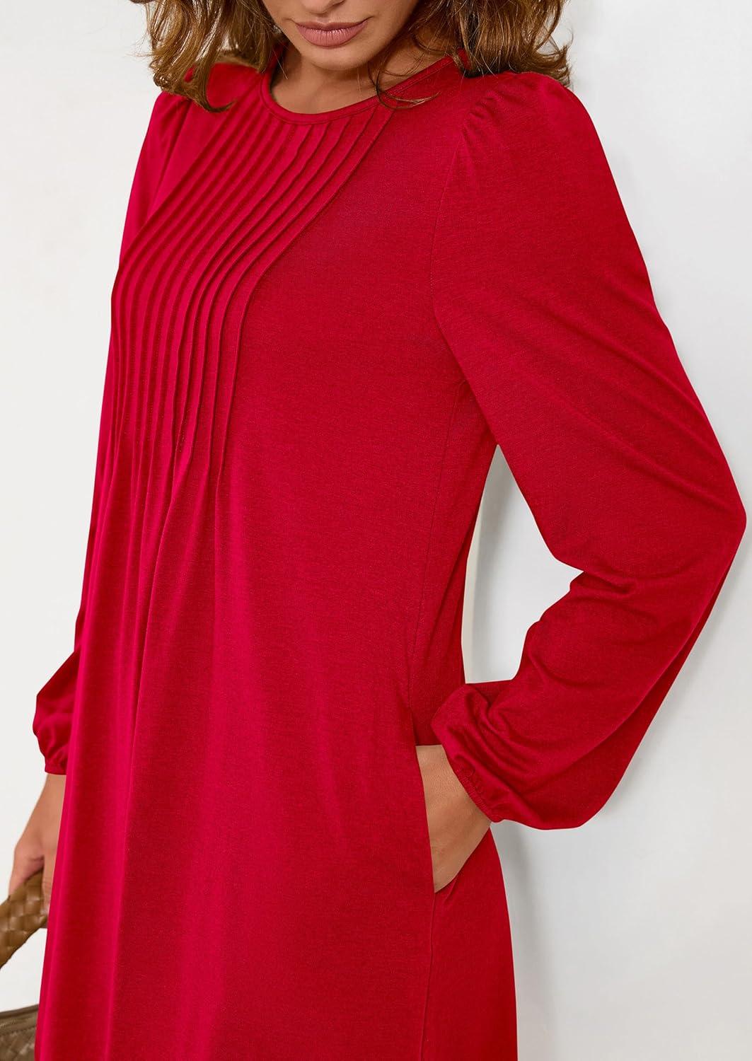 imagePRETTYGARDEN Fall Dresses for Women 2026 Long Sleeve Mini Short Flowy A Line Casual Holiday Party Tunic Dress Fashion ClothesRed