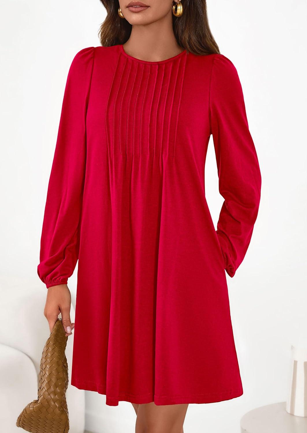 imagePRETTYGARDEN Fall Dresses for Women 2026 Long Sleeve Mini Short Flowy A Line Casual Holiday Party Tunic Dress Fashion ClothesRed