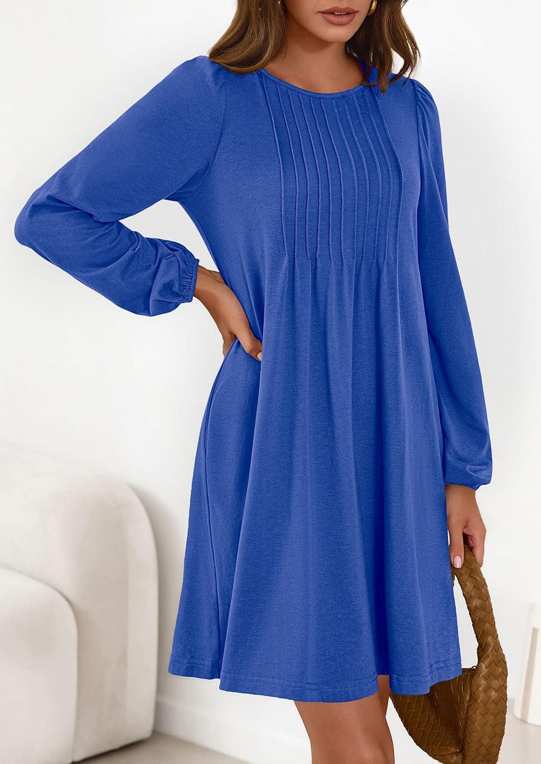 imagePRETTYGARDEN Fall Dresses for Women 2026 Long Sleeve Mini Short Flowy A Line Casual Holiday Party Tunic Dress Fashion ClothesRoyal Blue
