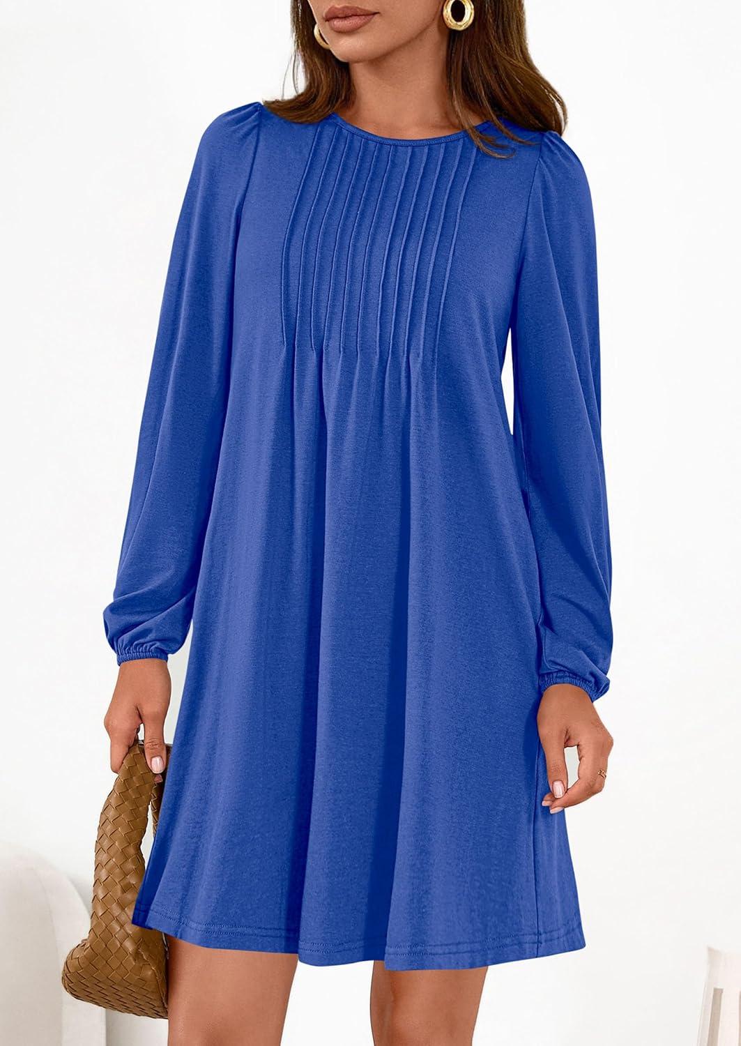 imagePRETTYGARDEN Fall Dresses for Women 2026 Long Sleeve Mini Short Flowy A Line Casual Holiday Party Tunic Dress Fashion ClothesRoyal Blue