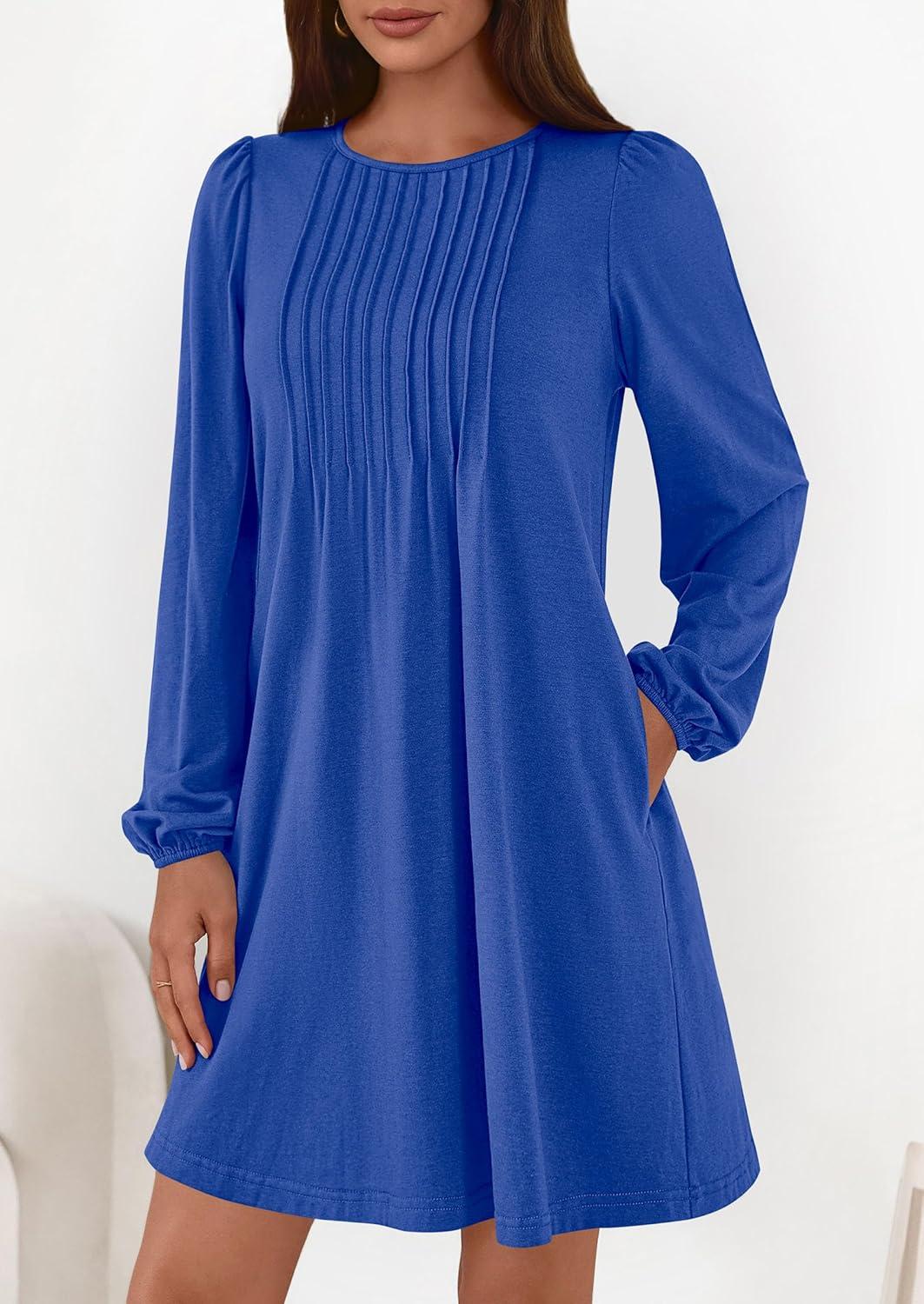 imagePRETTYGARDEN Fall Dresses for Women 2026 Long Sleeve Mini Short Flowy A Line Casual Holiday Party Tunic Dress Fashion ClothesRoyal Blue