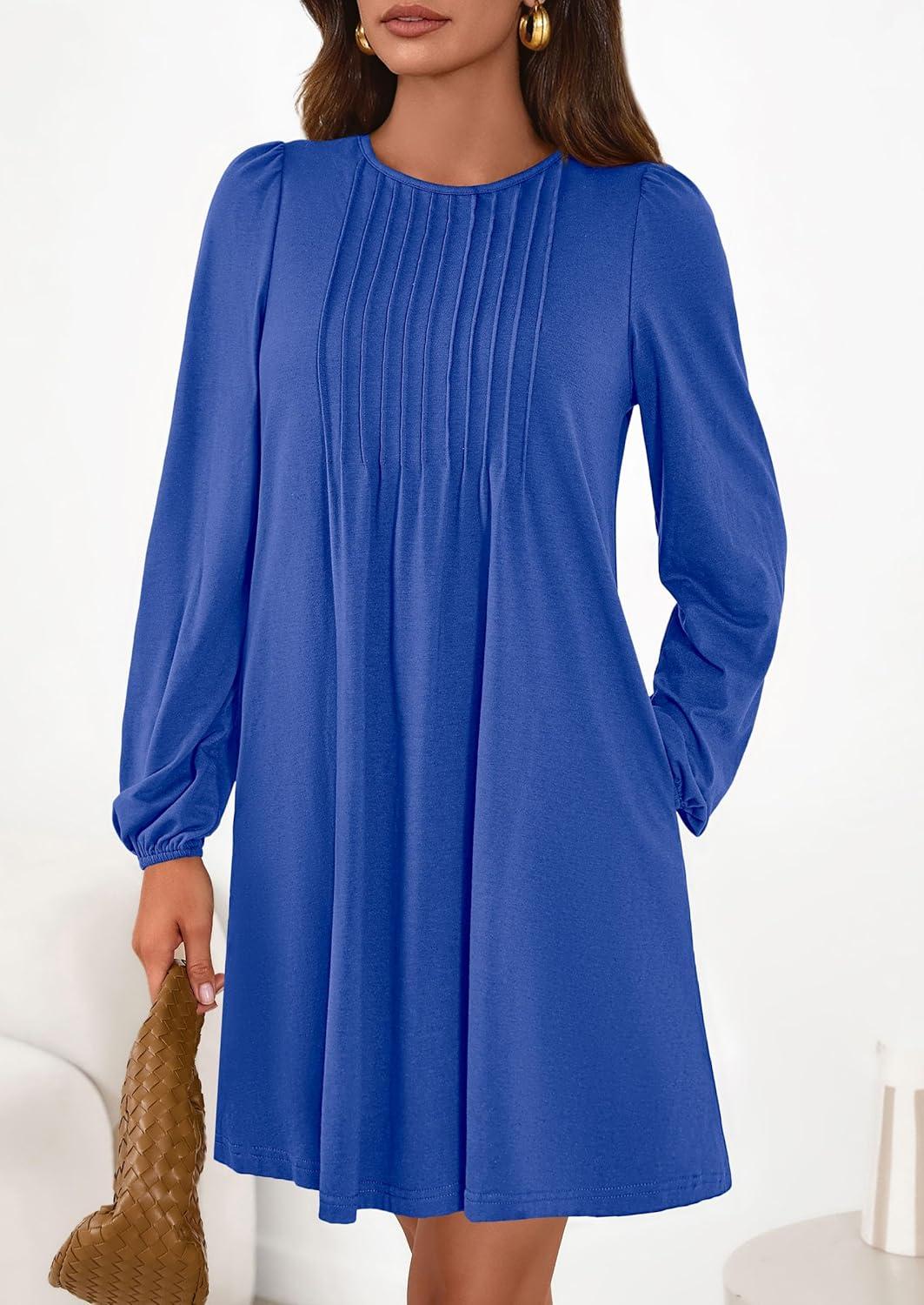 imagePRETTYGARDEN Fall Dresses for Women 2026 Long Sleeve Mini Short Flowy A Line Casual Holiday Party Tunic Dress Fashion ClothesRoyal Blue