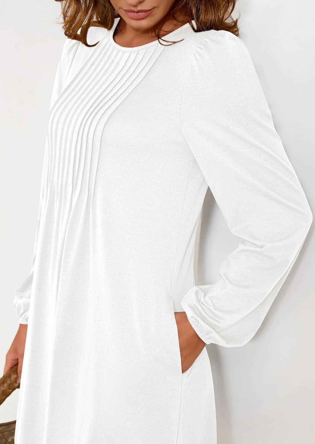 imagePRETTYGARDEN Fall Dresses for Women 2026 Long Sleeve Mini Short Flowy A Line Casual Holiday Party Tunic Dress Fashion ClothesWhite
