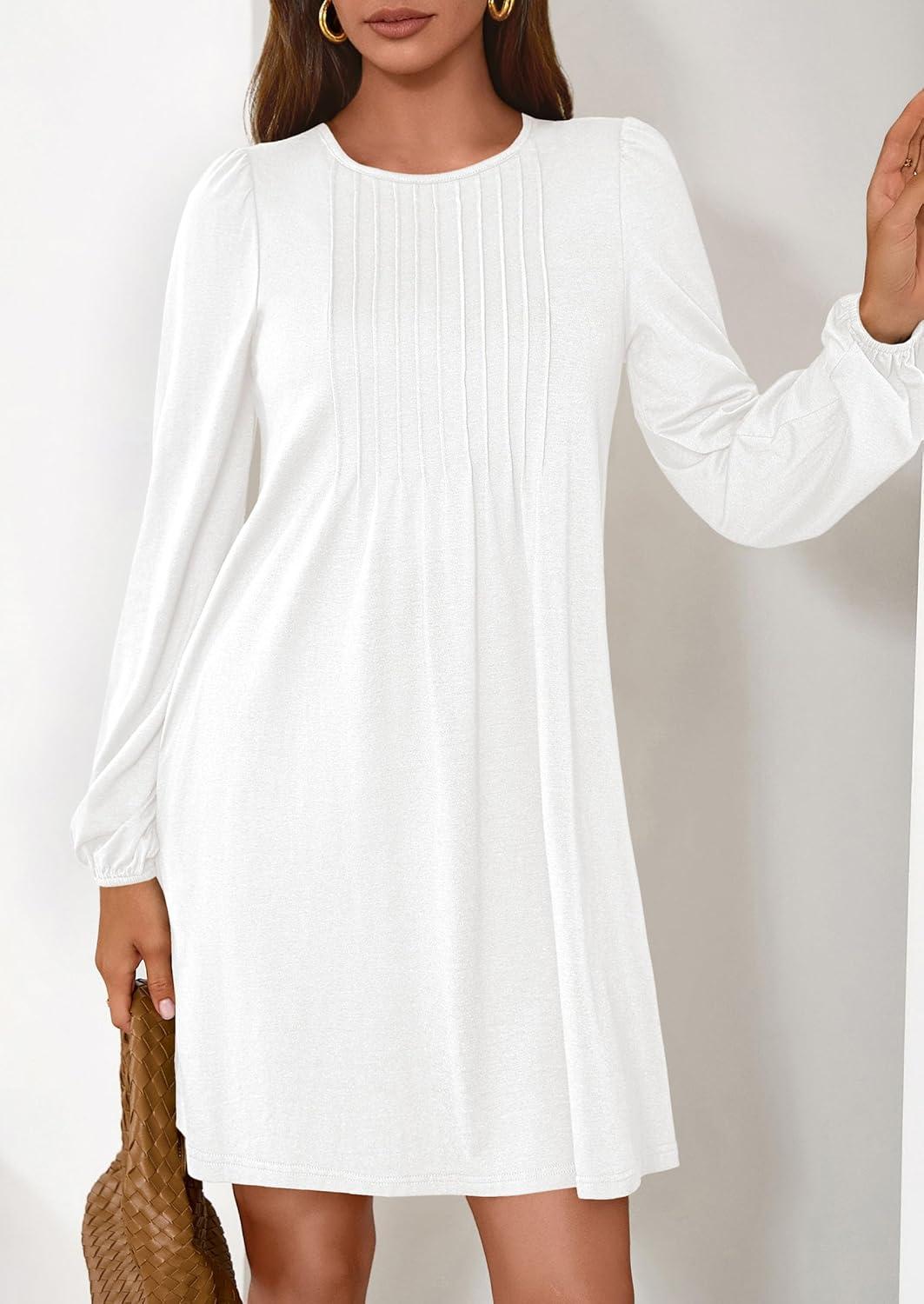 imagePRETTYGARDEN Fall Dresses for Women 2026 Long Sleeve Mini Short Flowy A Line Casual Holiday Party Tunic Dress Fashion ClothesWhite