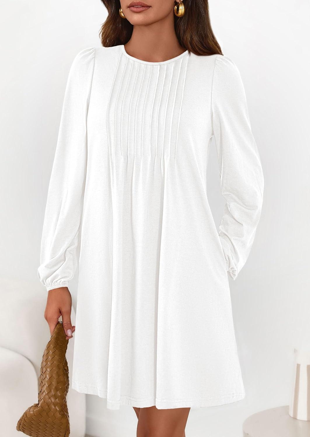 imagePRETTYGARDEN Fall Dresses for Women 2026 Long Sleeve Mini Short Flowy A Line Casual Holiday Party Tunic Dress Fashion ClothesWhite
