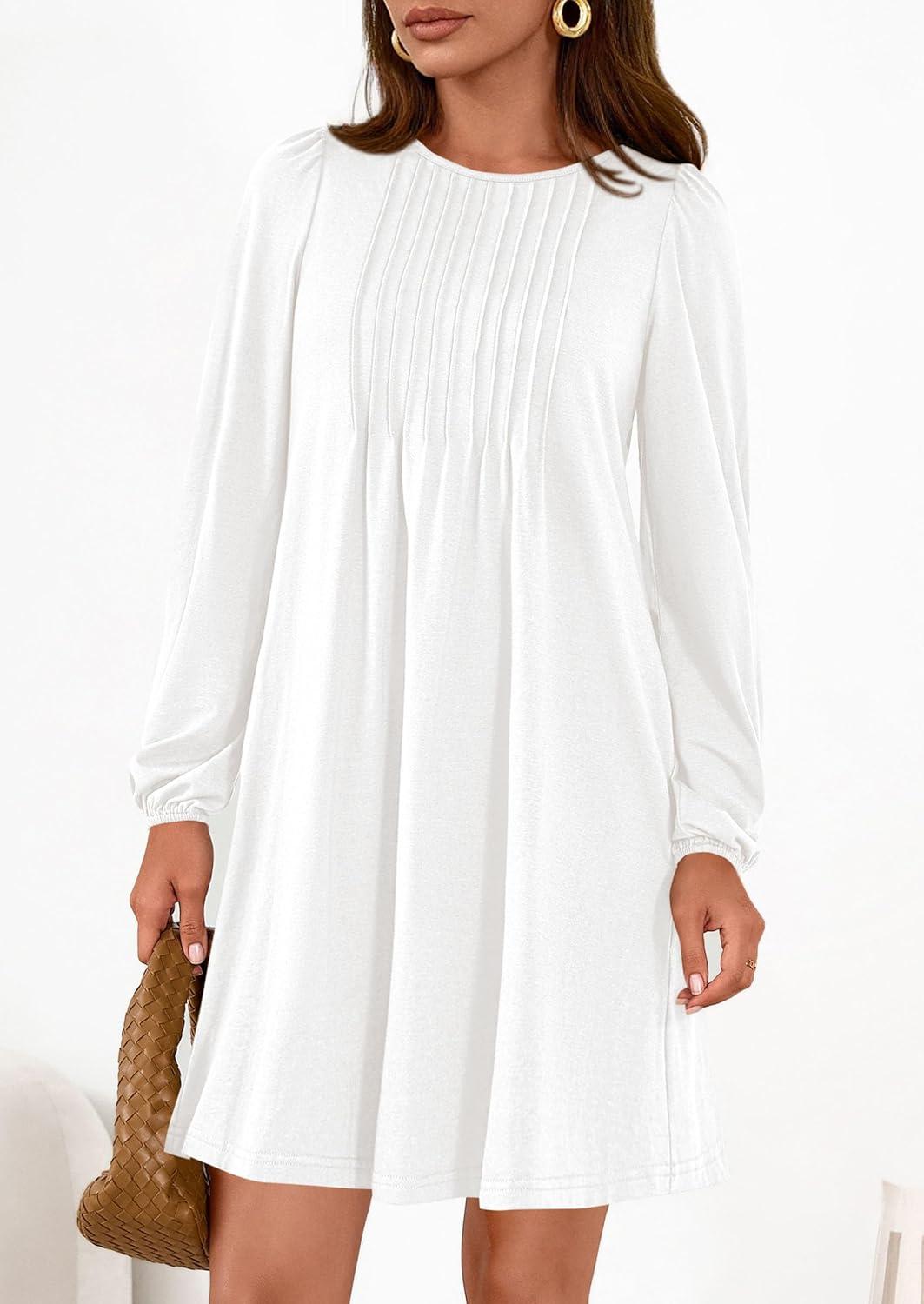 imagePRETTYGARDEN Fall Dresses for Women 2026 Long Sleeve Mini Short Flowy A Line Casual Holiday Party Tunic Dress Fashion ClothesWhite