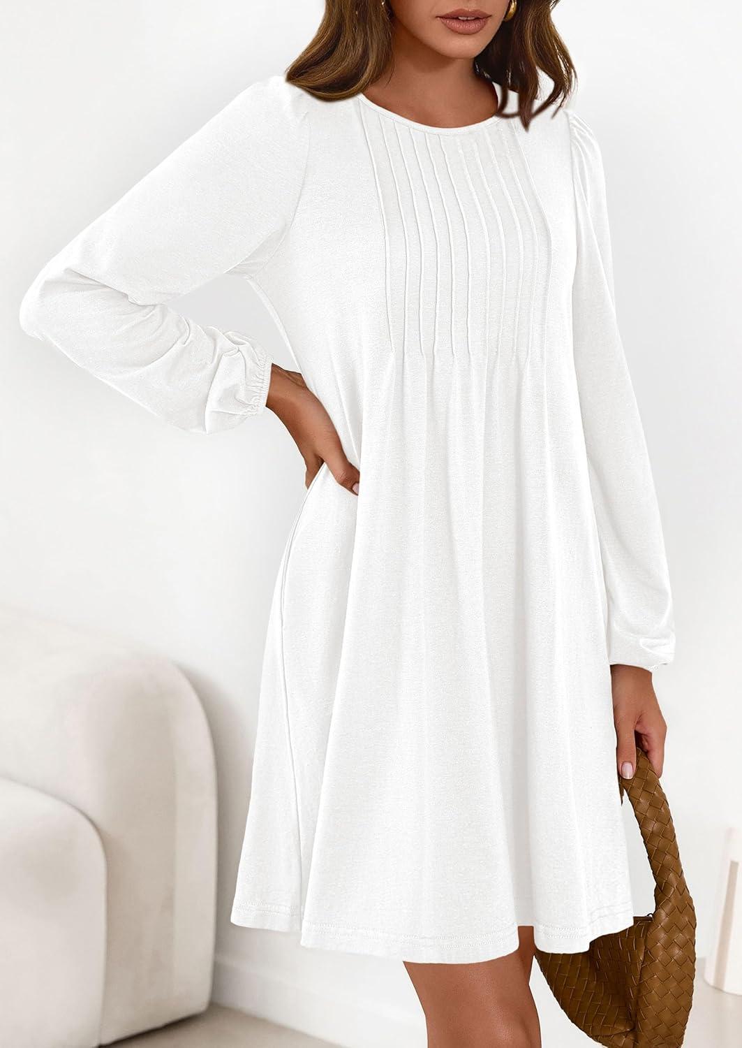 imagePRETTYGARDEN Fall Dresses for Women 2026 Long Sleeve Mini Short Flowy A Line Casual Holiday Party Tunic Dress Fashion ClothesWhite