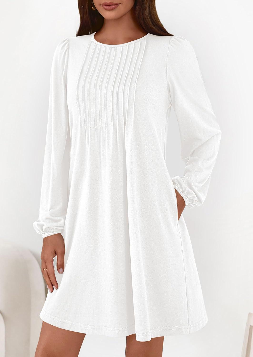 imagePRETTYGARDEN Fall Dresses for Women 2026 Long Sleeve Mini Short Flowy A Line Casual Holiday Party Tunic Dress Fashion ClothesWhite