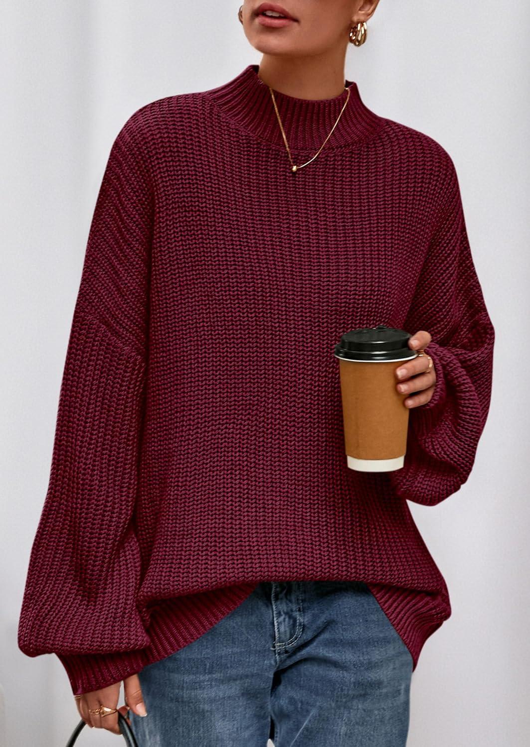 imagePRETTYGARDEN Fall Oversized Sweaters for Women Chunky Knit Long Sleeve Turtle Neck Pullover Jumper Tops Cozy Winter ClothingBurgundy