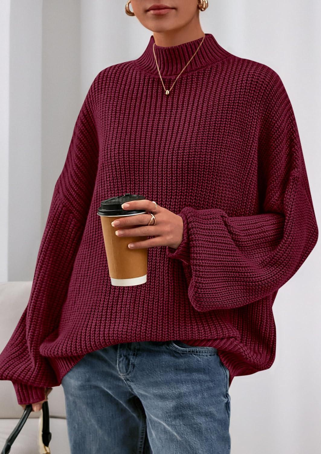 imagePRETTYGARDEN Fall Oversized Sweaters for Women Chunky Knit Long Sleeve Turtle Neck Pullover Jumper Tops Cozy Winter ClothingBurgundy