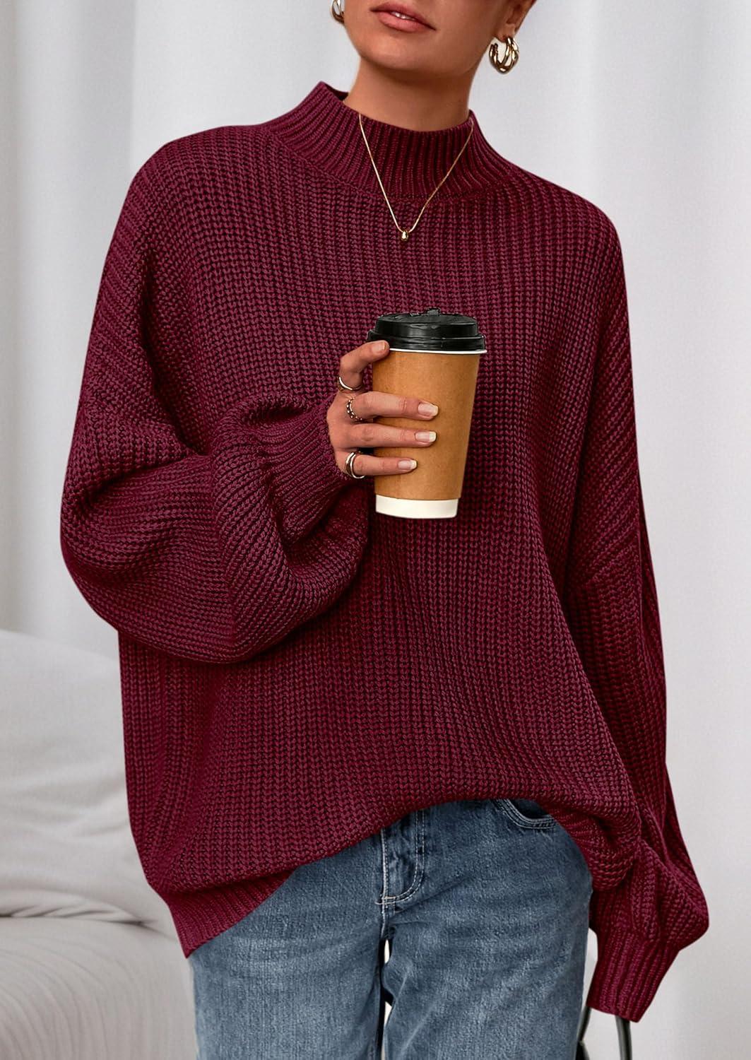 imagePRETTYGARDEN Fall Oversized Sweaters for Women Chunky Knit Long Sleeve Turtle Neck Pullover Jumper Tops Cozy Winter ClothingBurgundy
