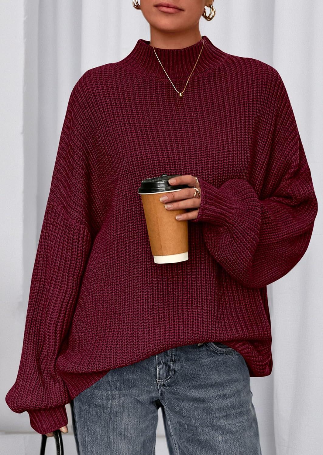 imagePRETTYGARDEN Fall Oversized Sweaters for Women Chunky Knit Long Sleeve Turtle Neck Pullover Jumper Tops Cozy Winter ClothingBurgundy