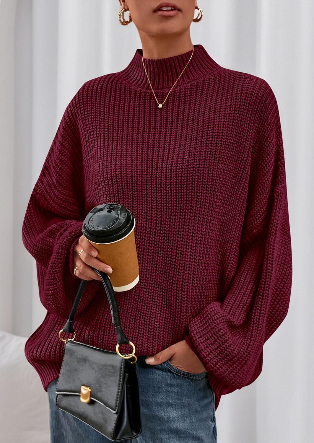 imagePRETTYGARDEN Fall Oversized Sweaters for Women Chunky Knit Long Sleeve Turtle Neck Pullover Jumper Tops Cozy Winter ClothingBurgundy