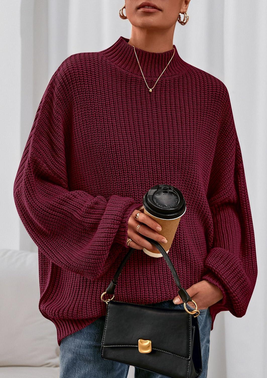 imagePRETTYGARDEN Fall Oversized Sweaters for Women Chunky Knit Long Sleeve Turtle Neck Pullover Jumper Tops Cozy Winter ClothingBurgundy