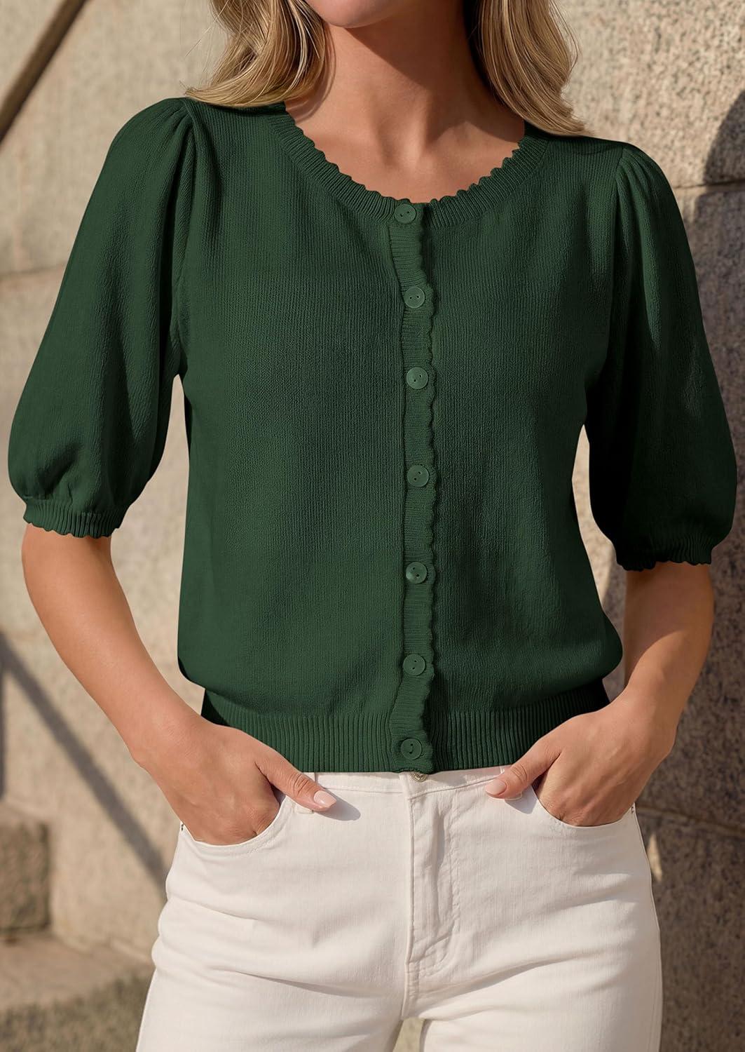 imagePRETTYGARDEN Puff Short Sleeve Cardigans for Women Lightweight 2026 Summer Shirts Button Up Knit Sweater Tops Spring ClothesArmy Green