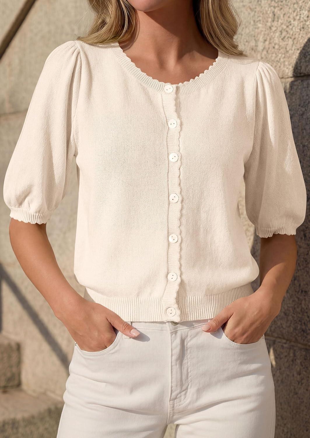imagePRETTYGARDEN Puff Short Sleeve Cardigans for Women Lightweight 2026 Summer Shirts Button Up Knit Sweater Tops Spring ClothesBeige