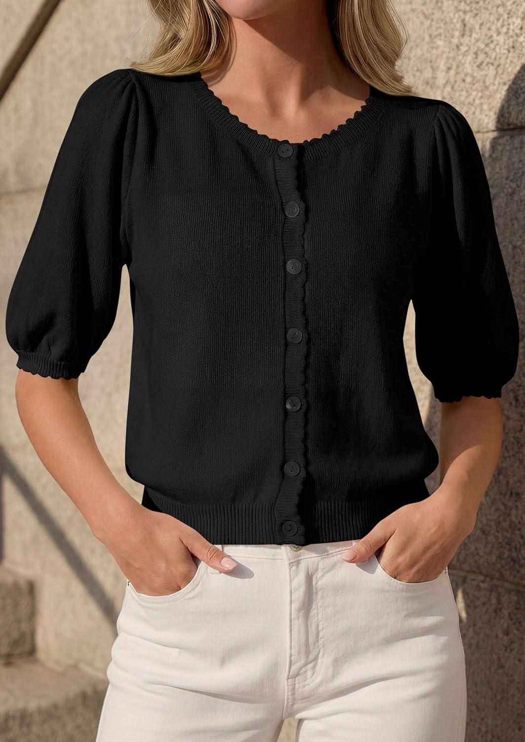 imagePRETTYGARDEN Puff Short Sleeve Cardigans for Women Lightweight 2026 Summer Shirts Button Up Knit Sweater Tops Spring ClothesBlack