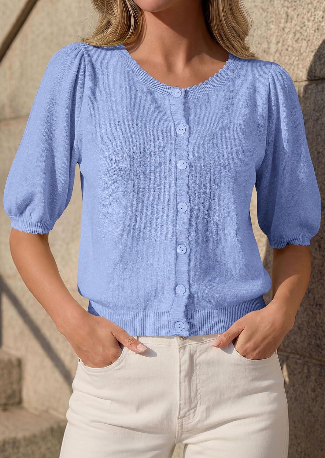 imagePRETTYGARDEN Puff Short Sleeve Cardigans for Women Lightweight 2026 Summer Shirts Button Up Knit Sweater Tops Spring ClothesLight Blue