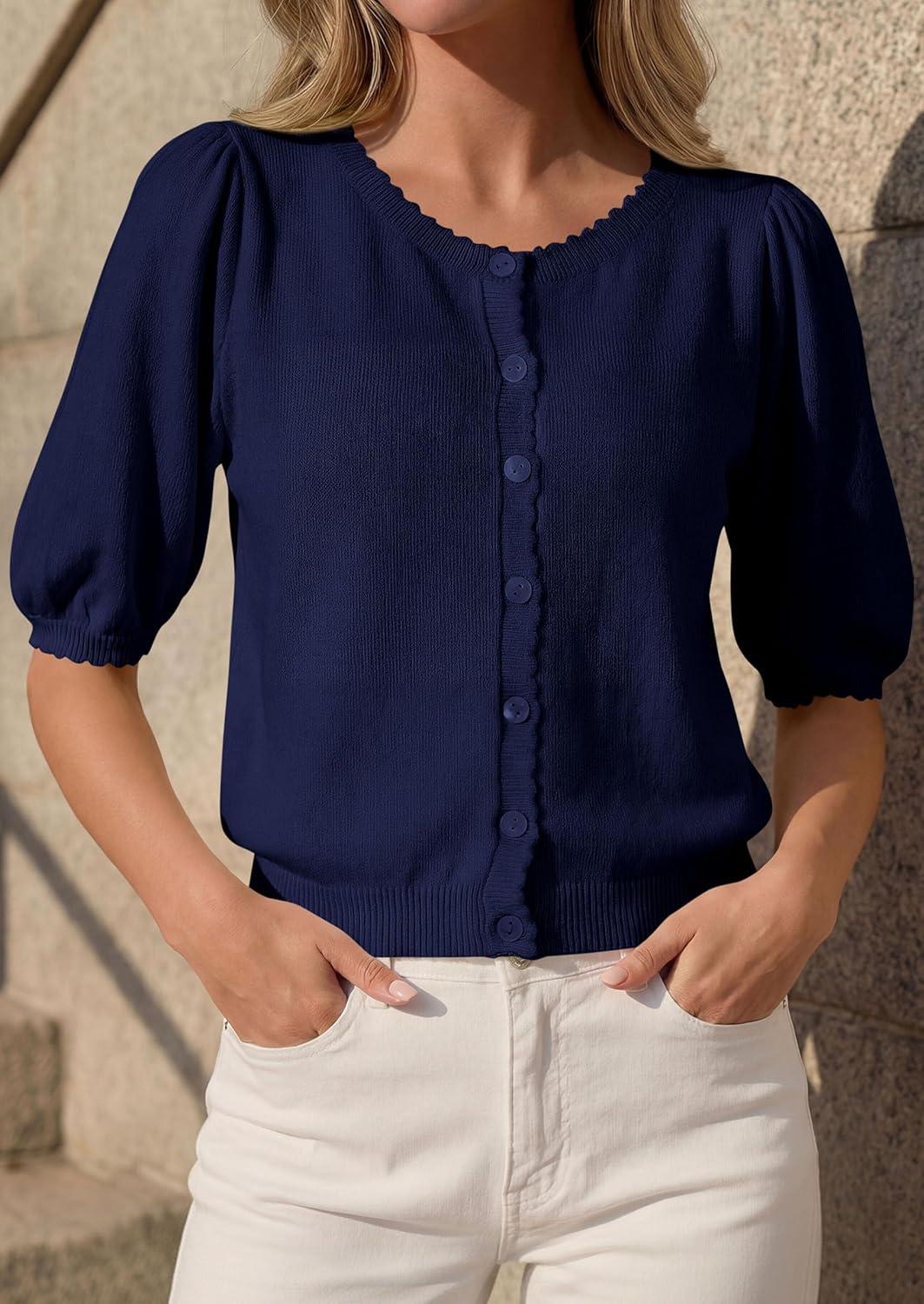 imagePRETTYGARDEN Puff Short Sleeve Cardigans for Women Lightweight 2026 Summer Shirts Button Up Knit Sweater Tops Spring ClothesNavy Blue
