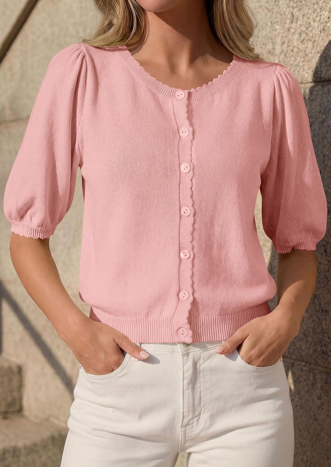 imagePRETTYGARDEN Puff Short Sleeve Cardigans for Women Lightweight 2026 Summer Shirts Button Up Knit Sweater Tops Spring ClothesPink