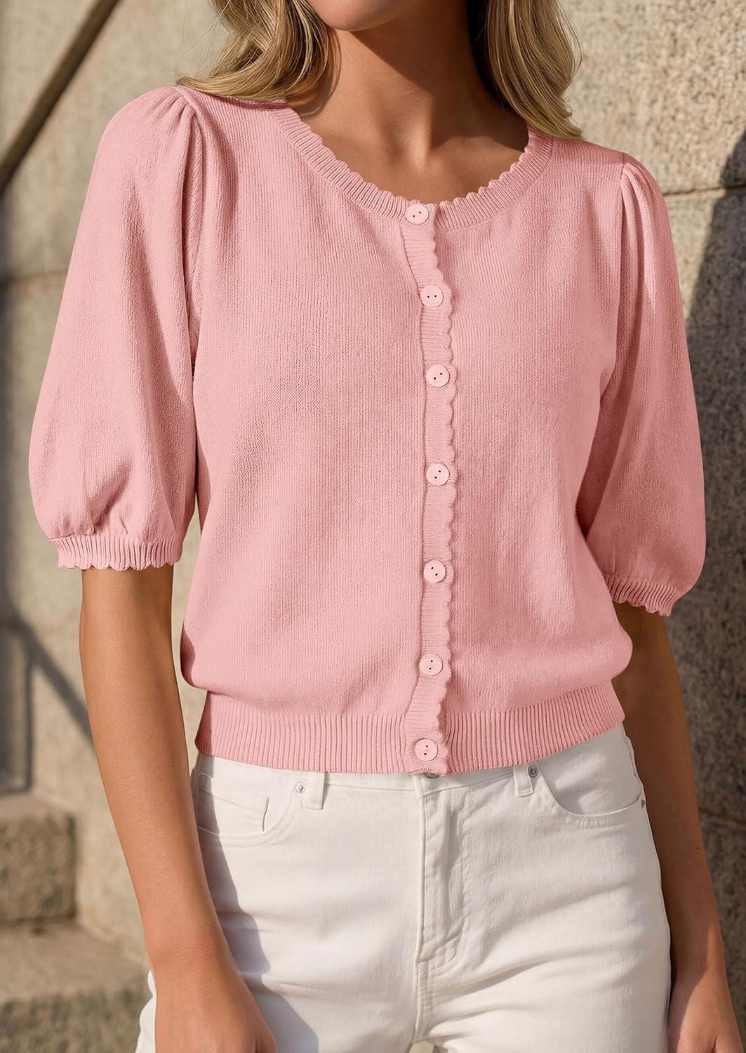 imagePRETTYGARDEN Puff Short Sleeve Cardigans for Women Lightweight 2026 Summer Shirts Button Up Knit Sweater Tops Spring ClothesPink
