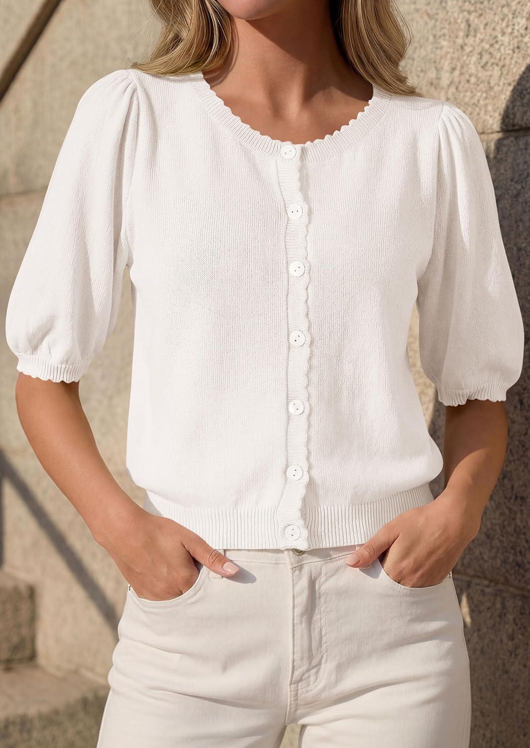 imagePRETTYGARDEN Puff Short Sleeve Cardigans for Women Lightweight 2026 Summer Shirts Button Up Knit Sweater Tops Spring ClothesWhite
