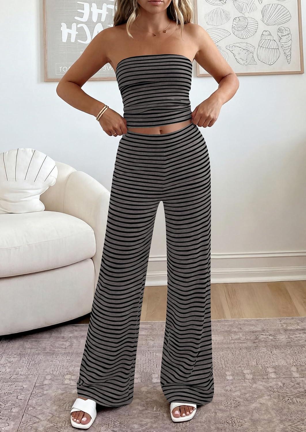 imagePRETTYGARDEN Summer Sets Women 2 Piece Outfits 2026 Matching Striped Loungewear Spring Airport Travel Beach Vacation ClothesBlack Dark Grey