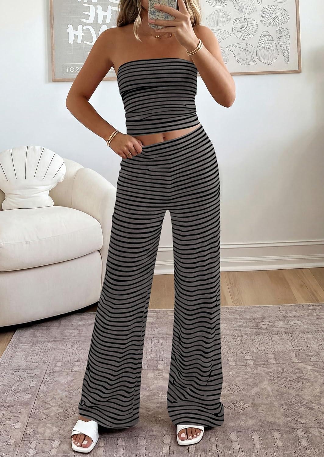 imagePRETTYGARDEN Summer Sets Women 2 Piece Outfits 2026 Matching Striped Loungewear Spring Airport Travel Beach Vacation ClothesBlack Dark Grey