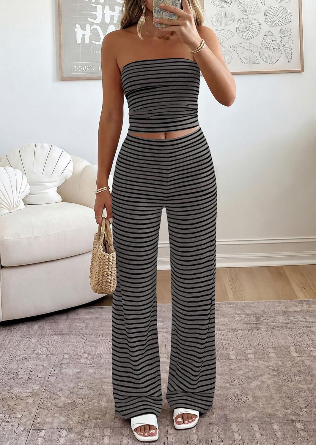 imagePRETTYGARDEN Summer Sets Women 2 Piece Outfits 2026 Matching Striped Loungewear Spring Airport Travel Beach Vacation ClothesBlack Dark Grey