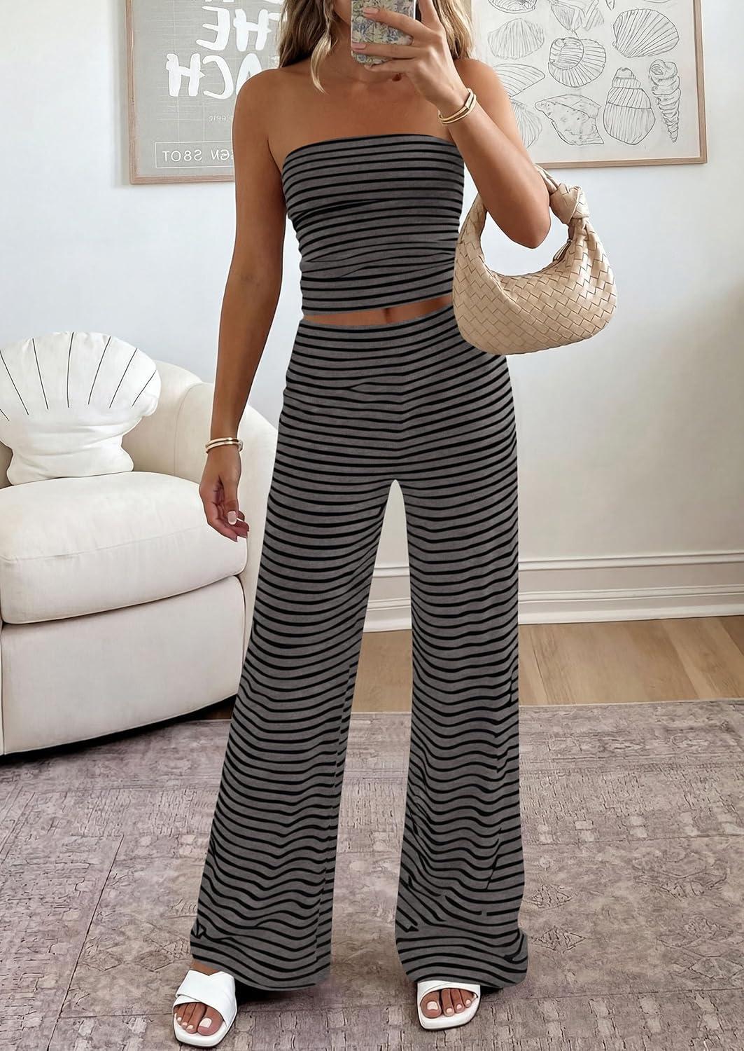 imagePRETTYGARDEN Summer Sets Women 2 Piece Outfits 2026 Matching Striped Loungewear Spring Airport Travel Beach Vacation ClothesBlack Dark Grey