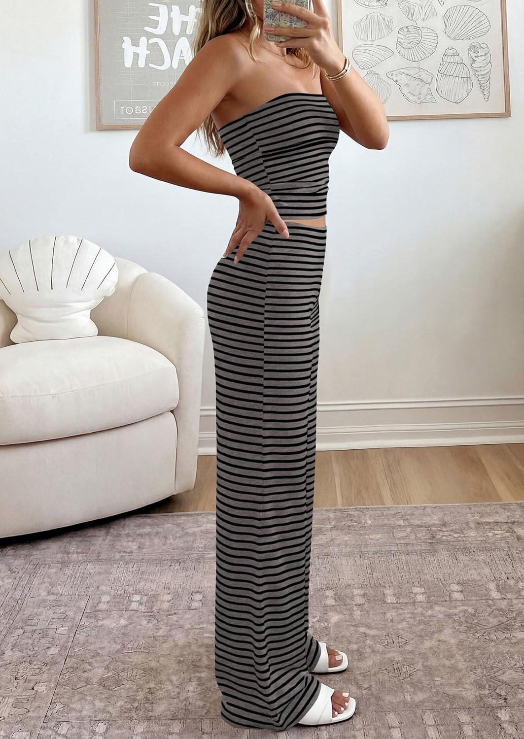 imagePRETTYGARDEN Summer Sets Women 2 Piece Outfits 2026 Matching Striped Loungewear Spring Airport Travel Beach Vacation ClothesBlack Dark Grey