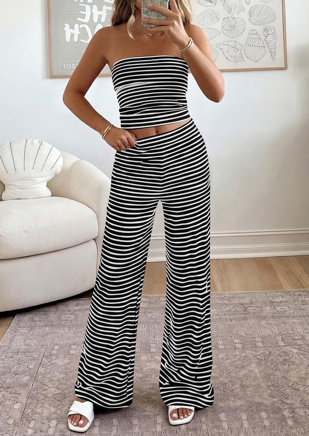 imagePRETTYGARDEN Summer Sets Women 2 Piece Outfits 2026 Matching Striped Loungewear Spring Airport Travel Beach Vacation ClothesBlack White