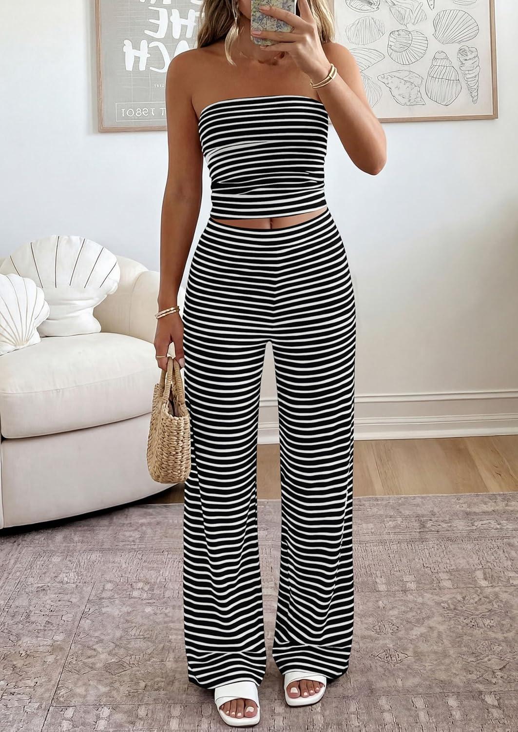 imagePRETTYGARDEN Summer Sets Women 2 Piece Outfits 2026 Matching Striped Loungewear Spring Airport Travel Beach Vacation ClothesBlack White