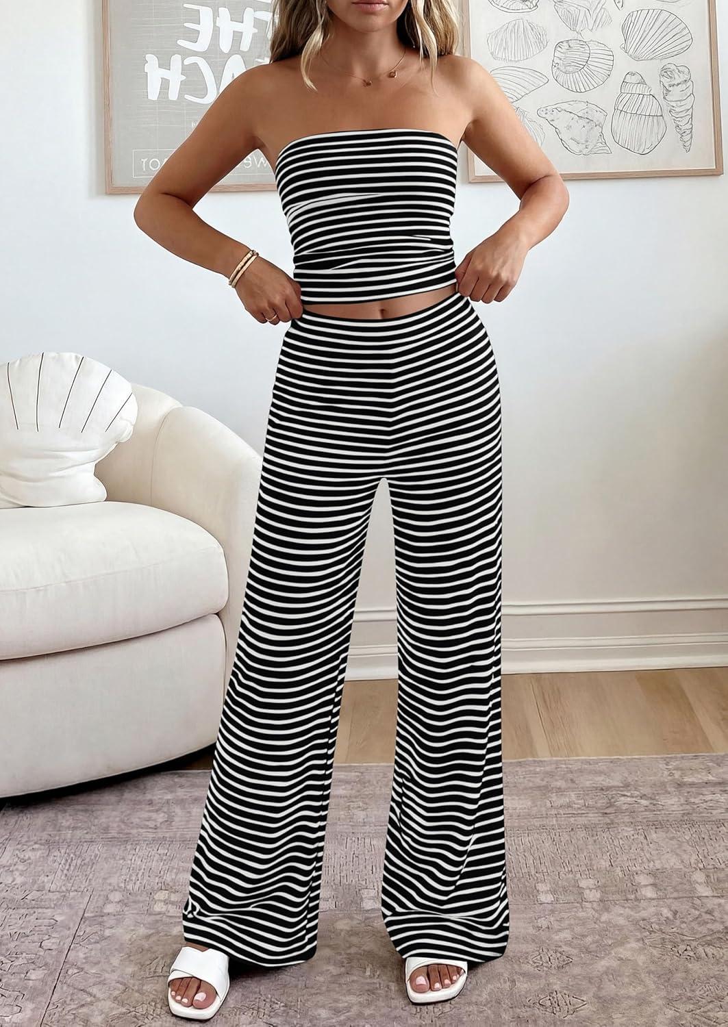 imagePRETTYGARDEN Summer Sets Women 2 Piece Outfits 2026 Matching Striped Loungewear Spring Airport Travel Beach Vacation ClothesBlack White