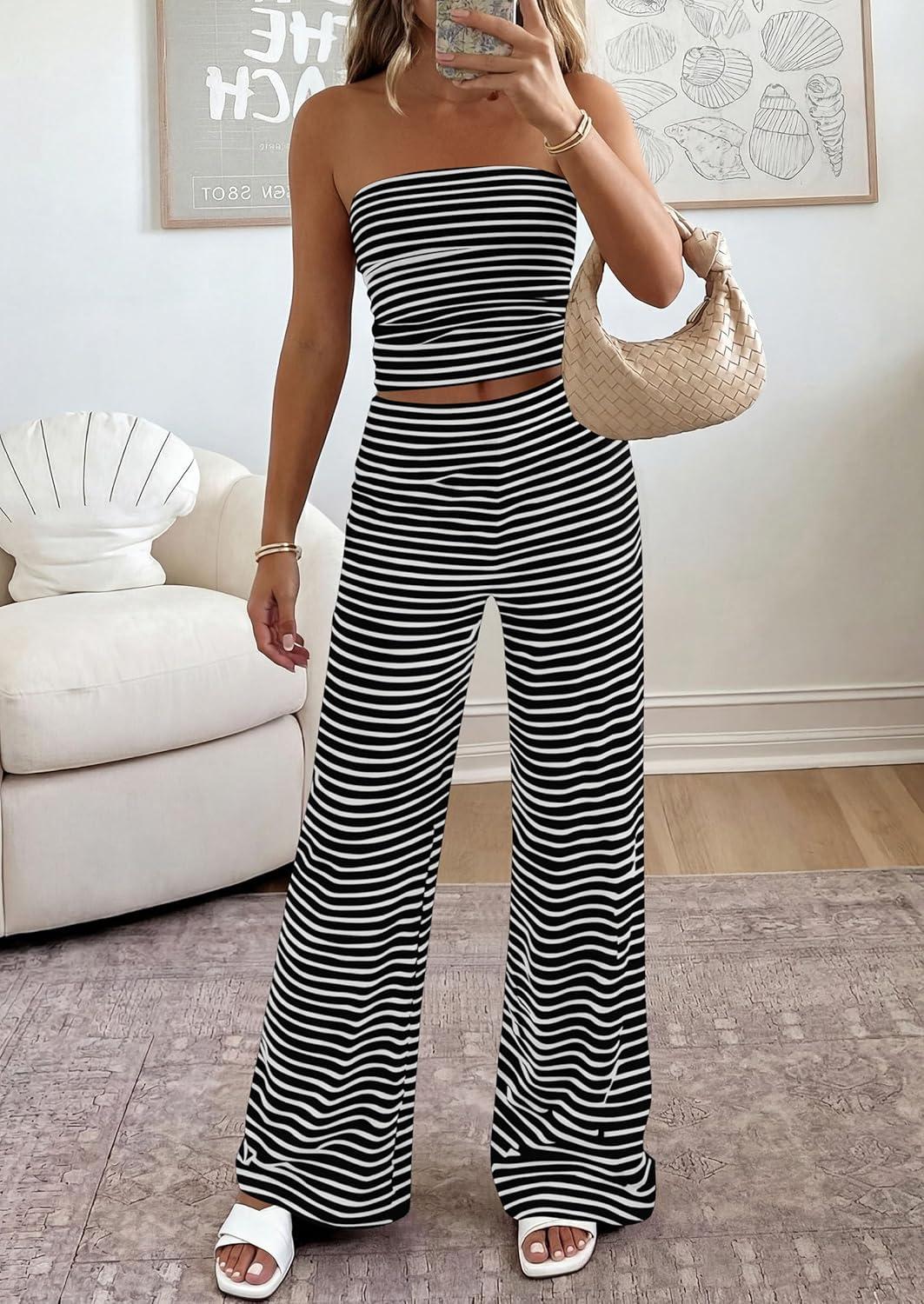 imagePRETTYGARDEN Summer Sets Women 2 Piece Outfits 2026 Matching Striped Loungewear Spring Airport Travel Beach Vacation ClothesBlack White