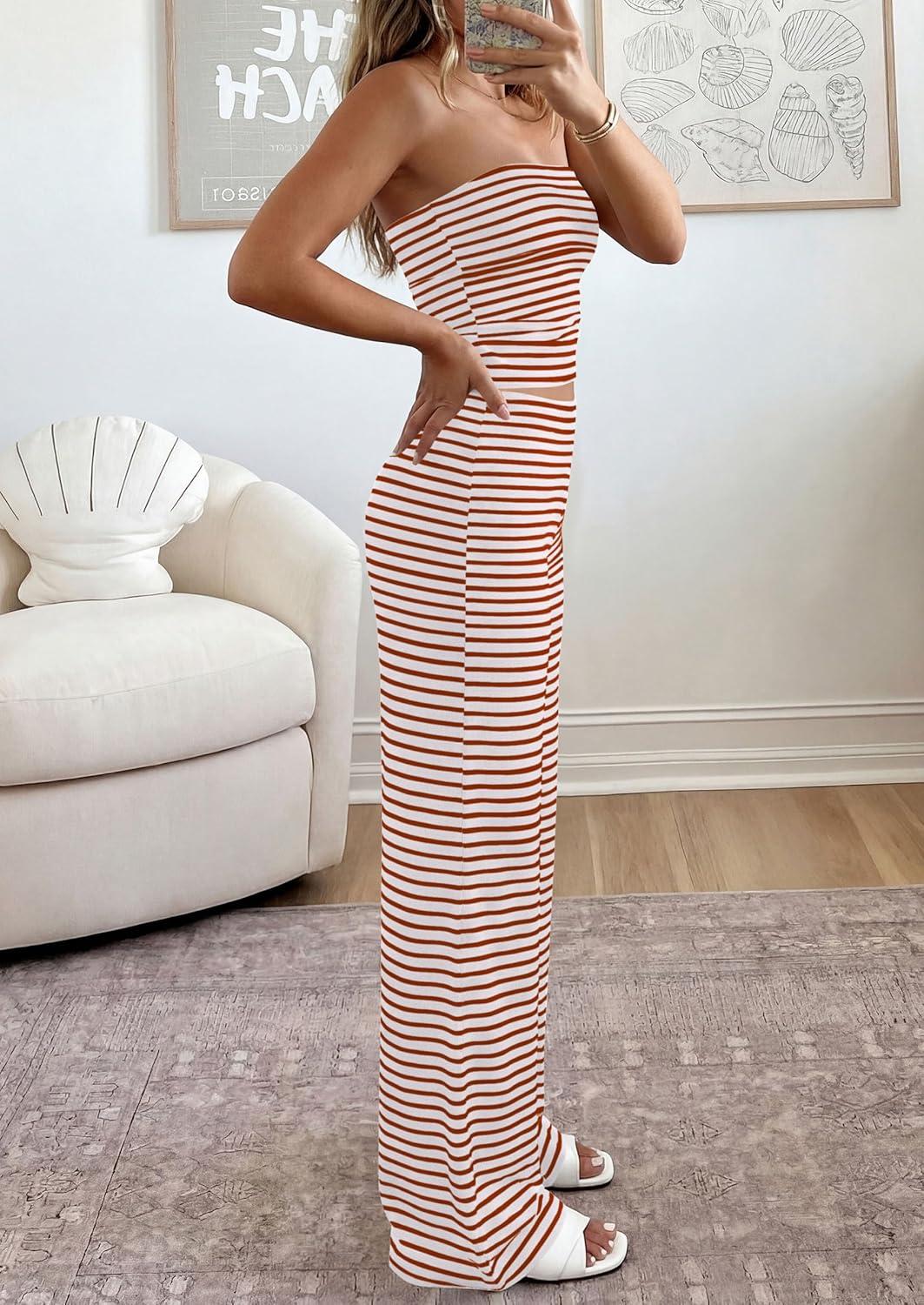imagePRETTYGARDEN Summer Sets Women 2 Piece Outfits 2026 Matching Striped Loungewear Spring Airport Travel Beach Vacation ClothesBrick Red