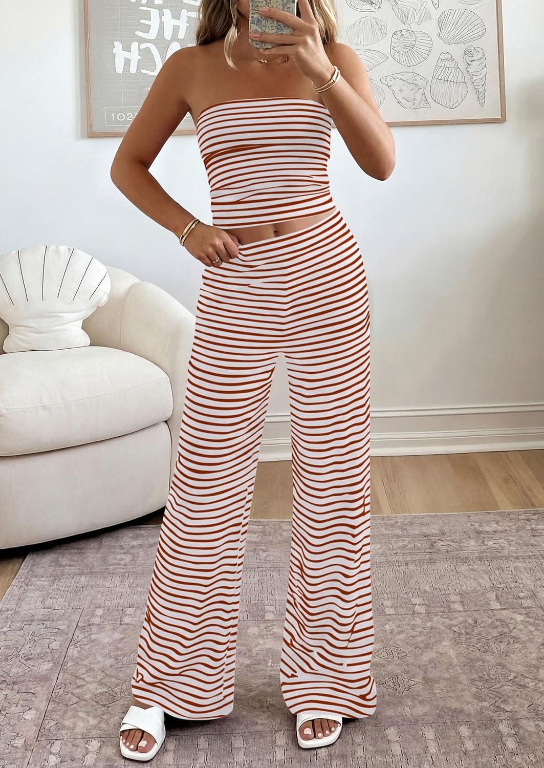 imagePRETTYGARDEN Summer Sets Women 2 Piece Outfits 2026 Matching Striped Loungewear Spring Airport Travel Beach Vacation ClothesBrick Red