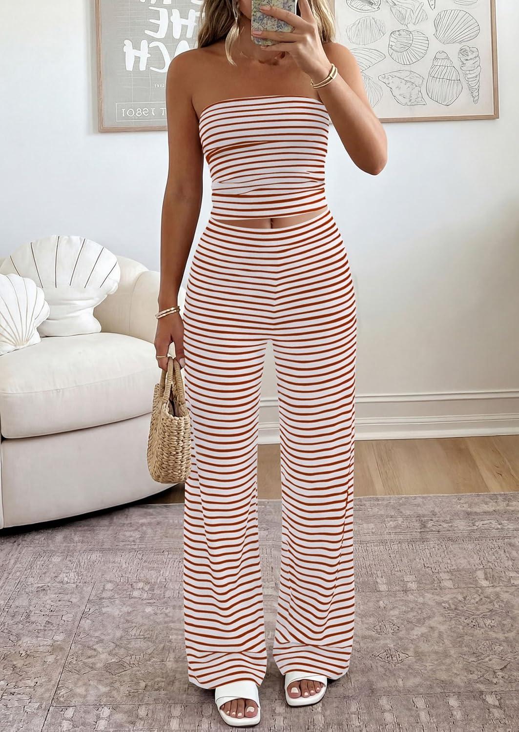 imagePRETTYGARDEN Summer Sets Women 2 Piece Outfits 2026 Matching Striped Loungewear Spring Airport Travel Beach Vacation ClothesBrick Red