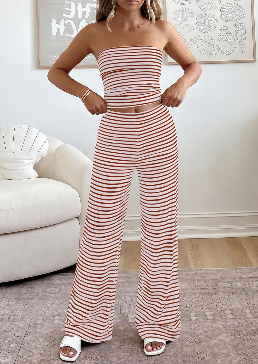 imagePRETTYGARDEN Summer Sets Women 2 Piece Outfits 2026 Matching Striped Loungewear Spring Airport Travel Beach Vacation ClothesBrick Red