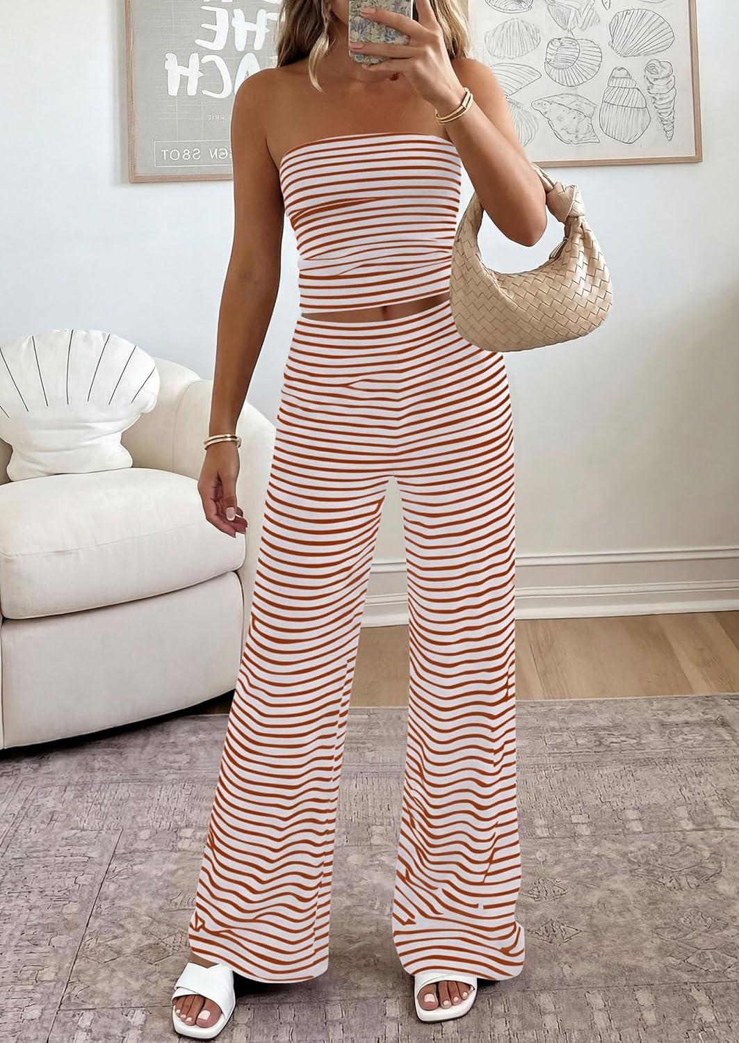 imagePRETTYGARDEN Summer Sets Women 2 Piece Outfits 2026 Matching Striped Loungewear Spring Airport Travel Beach Vacation ClothesBrick Red