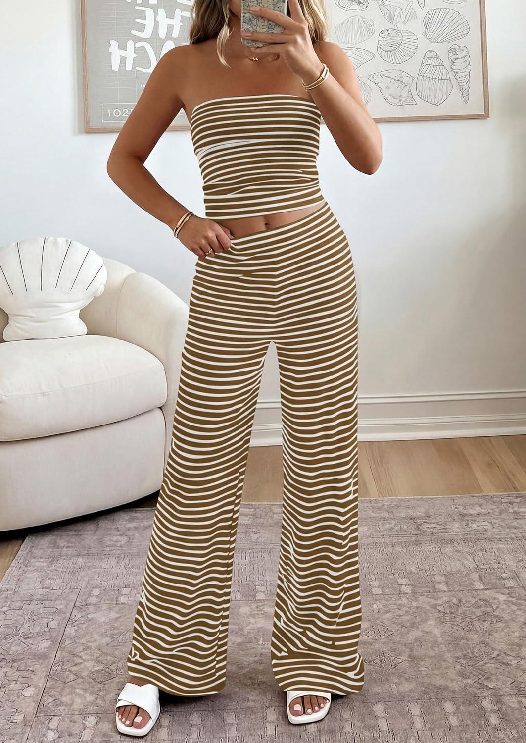 imagePRETTYGARDEN Summer Sets Women 2 Piece Outfits 2026 Matching Striped Loungewear Spring Airport Travel Beach Vacation ClothesBrown White