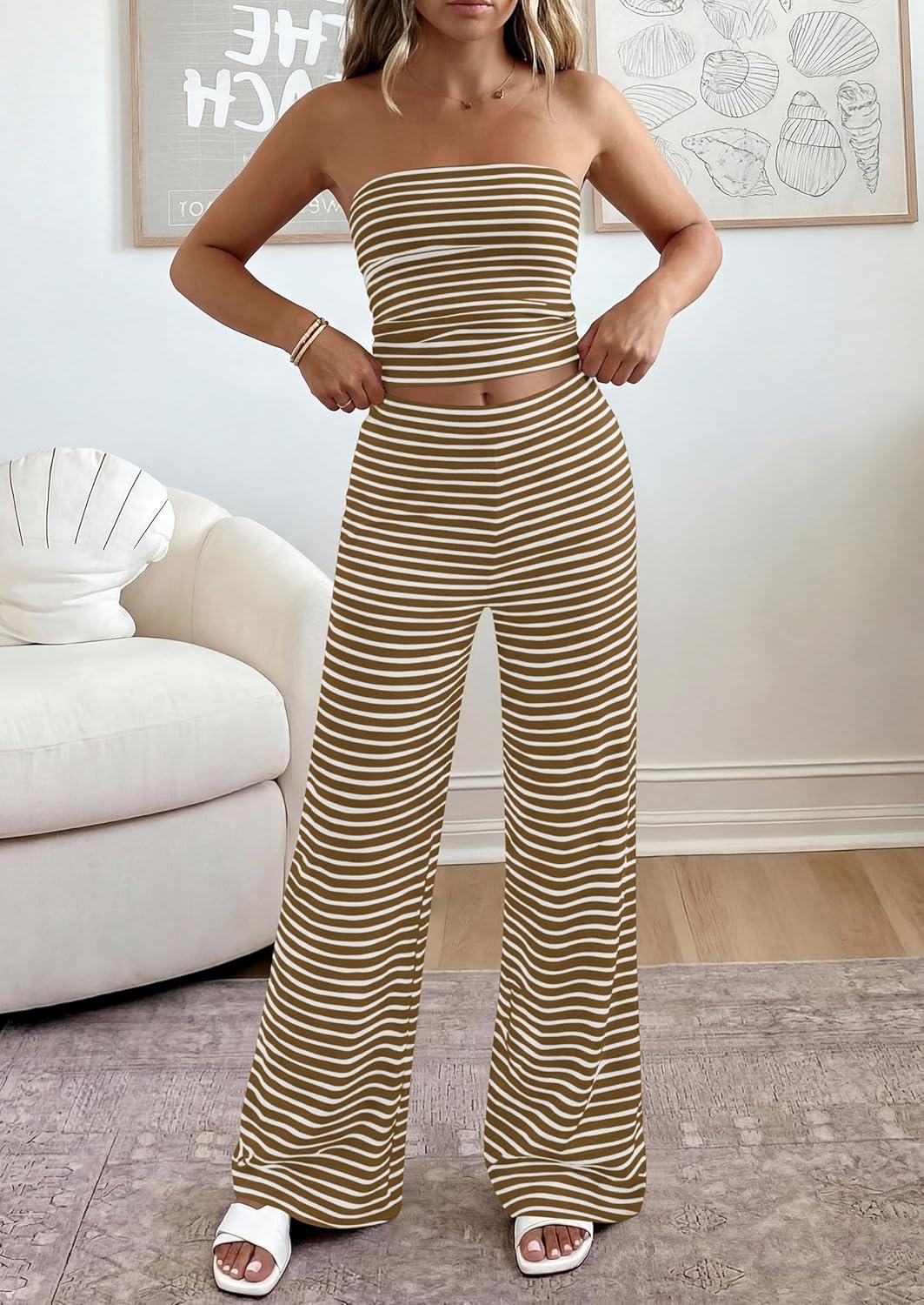 imagePRETTYGARDEN Summer Sets Women 2 Piece Outfits 2026 Matching Striped Loungewear Spring Airport Travel Beach Vacation ClothesBrown White