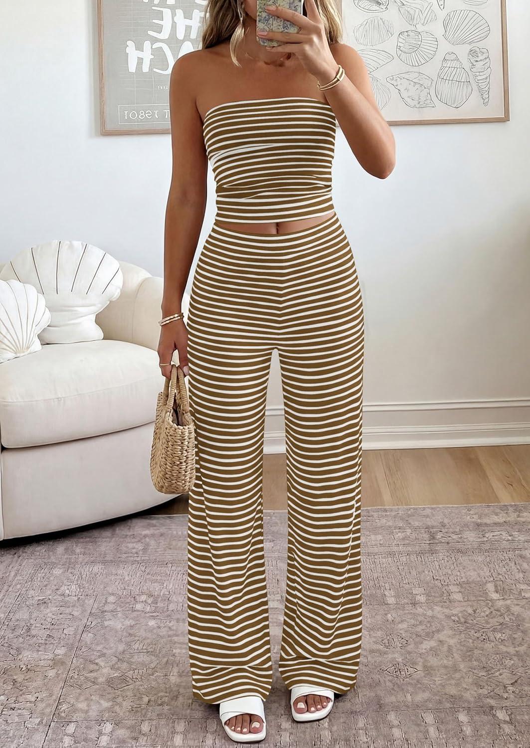 imagePRETTYGARDEN Summer Sets Women 2 Piece Outfits 2026 Matching Striped Loungewear Spring Airport Travel Beach Vacation ClothesBrown White