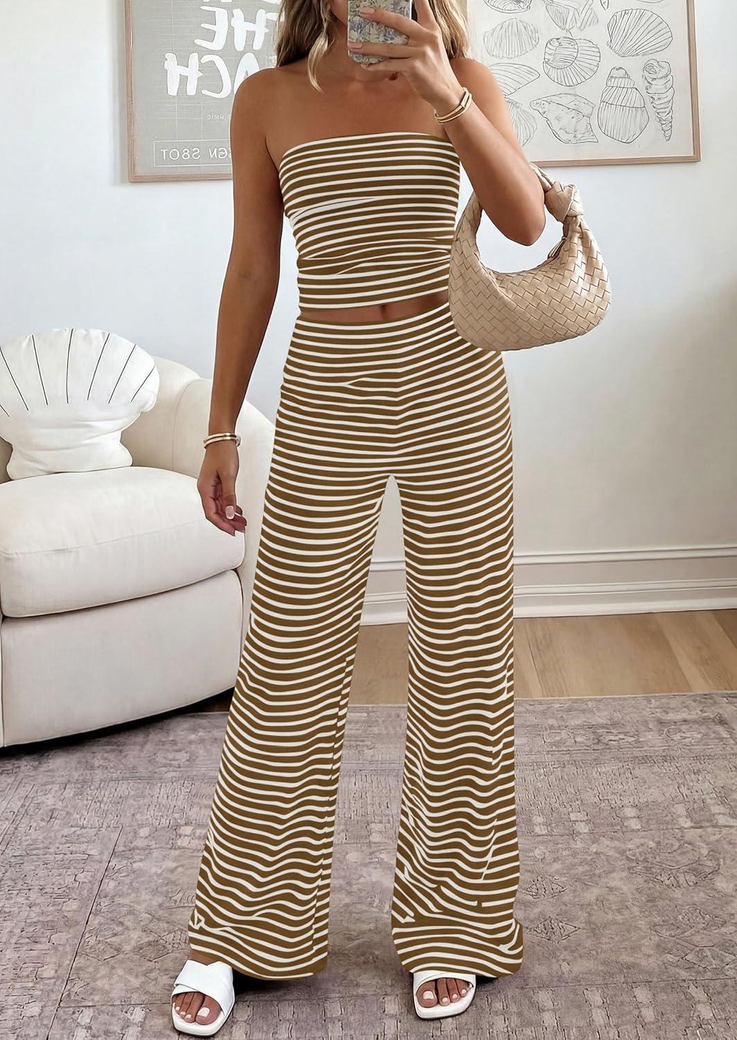 imagePRETTYGARDEN Summer Sets Women 2 Piece Outfits 2026 Matching Striped Loungewear Spring Airport Travel Beach Vacation ClothesBrown White