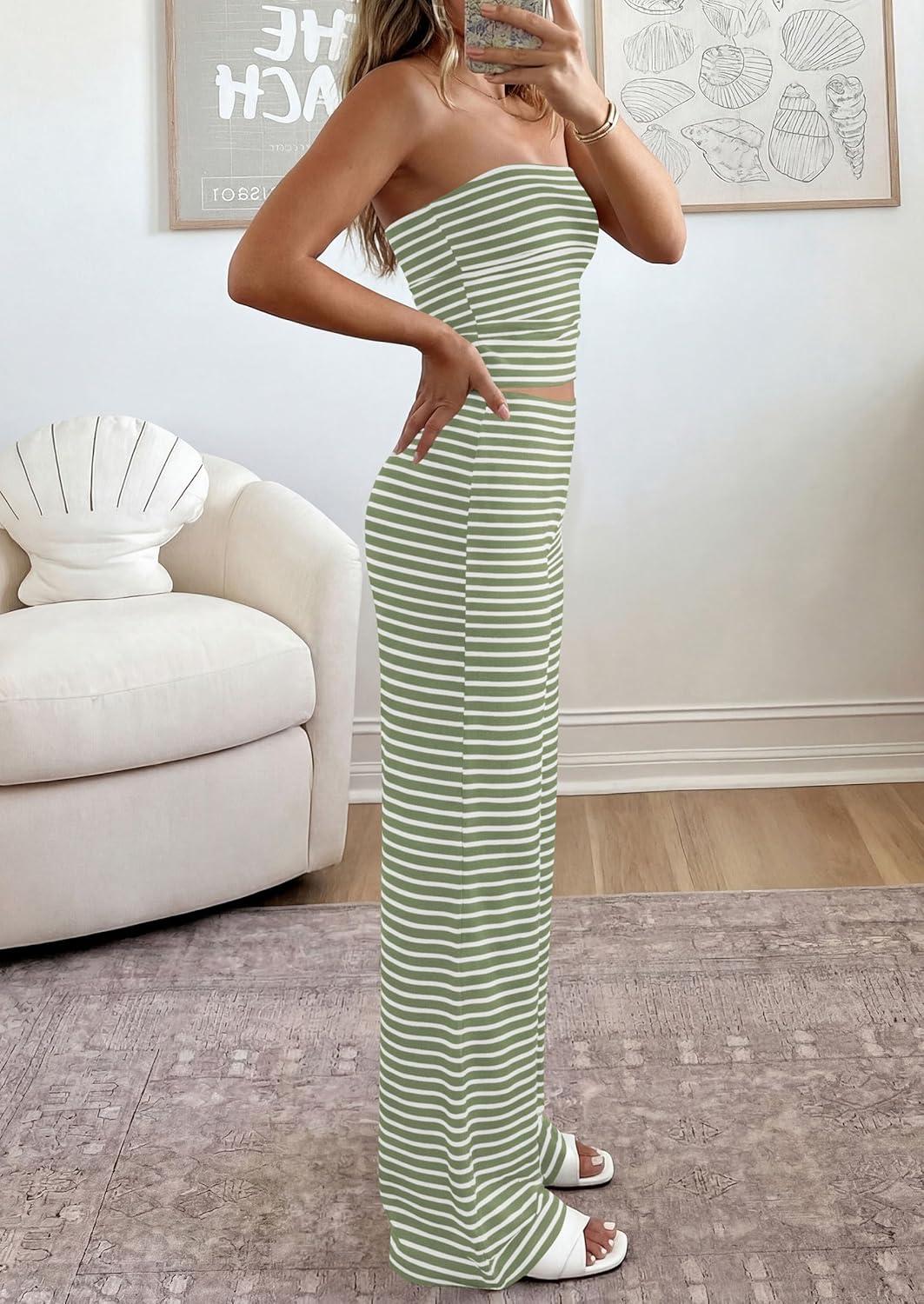imagePRETTYGARDEN Summer Sets Women 2 Piece Outfits 2026 Matching Striped Loungewear Spring Airport Travel Beach Vacation ClothesGreen White