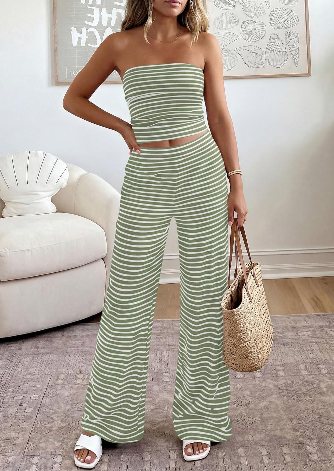 imagePRETTYGARDEN Summer Sets Women 2 Piece Outfits 2026 Matching Striped Loungewear Spring Airport Travel Beach Vacation ClothesGreen White
