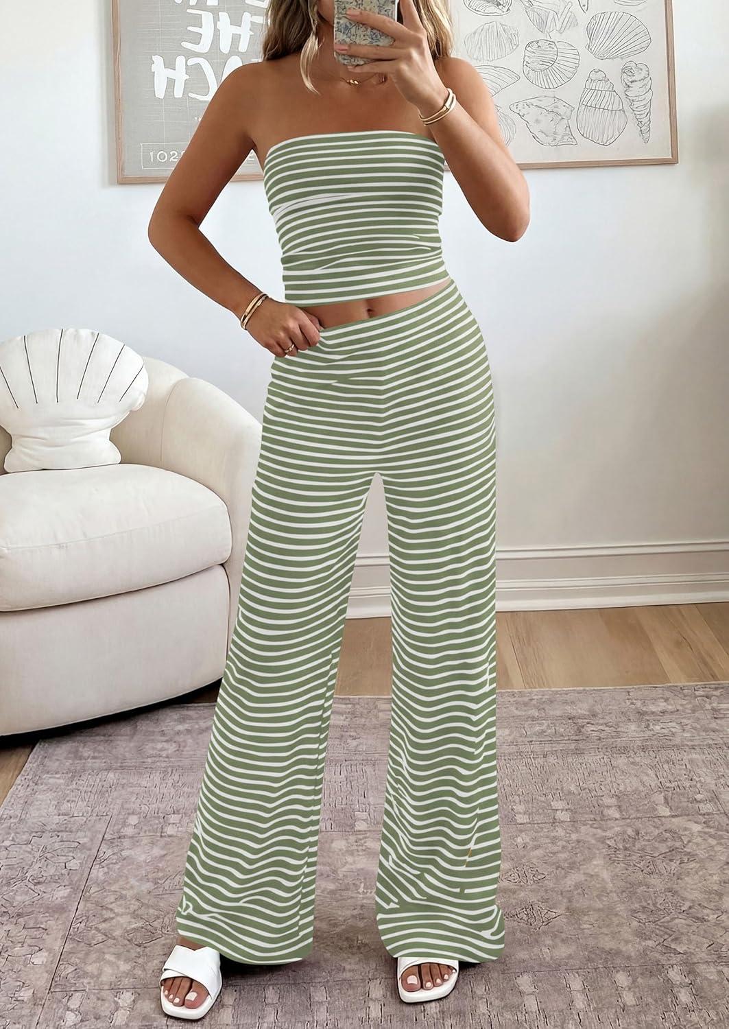 imagePRETTYGARDEN Summer Sets Women 2 Piece Outfits 2026 Matching Striped Loungewear Spring Airport Travel Beach Vacation ClothesGreen White