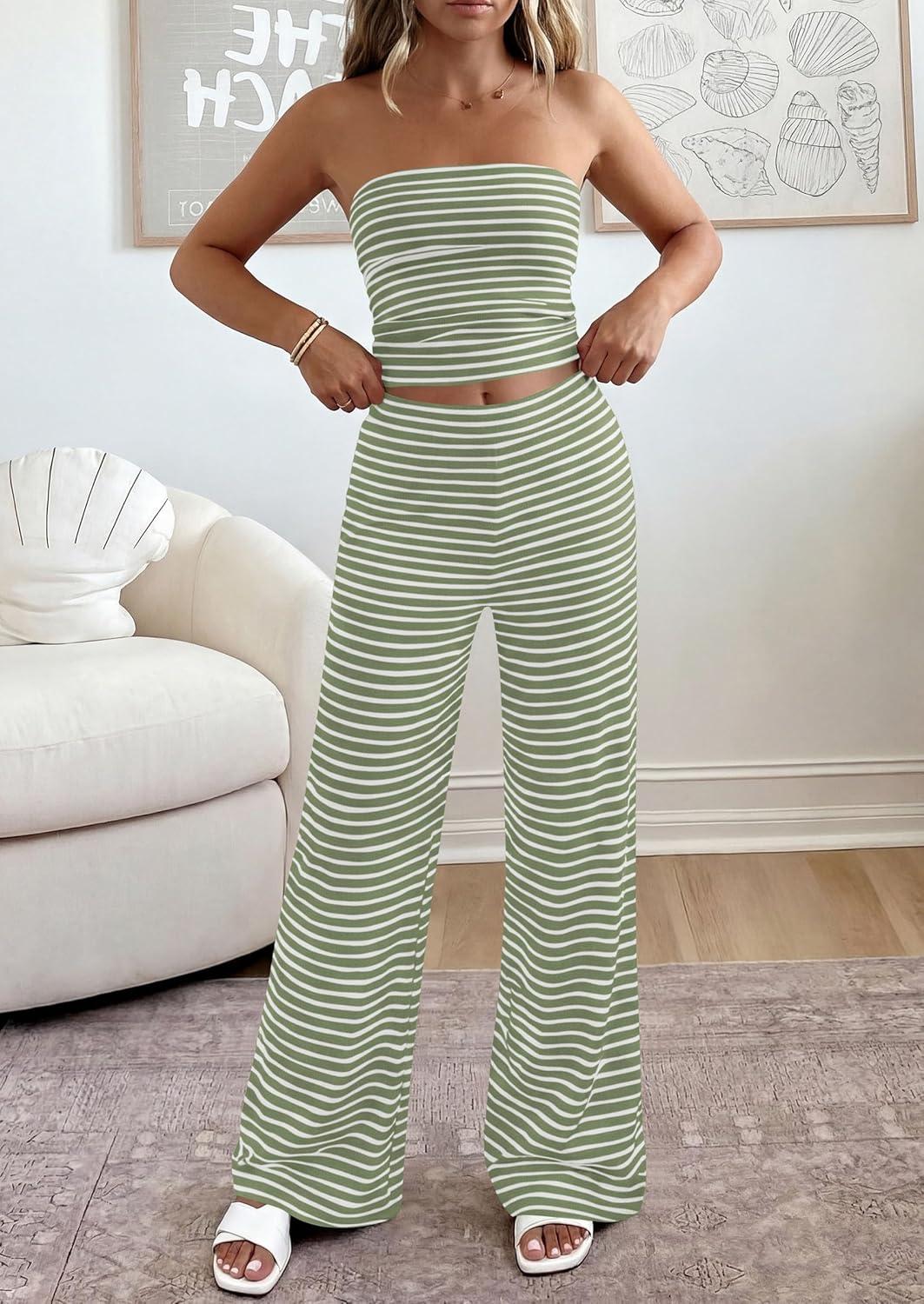 imagePRETTYGARDEN Summer Sets Women 2 Piece Outfits 2026 Matching Striped Loungewear Spring Airport Travel Beach Vacation ClothesGreen White