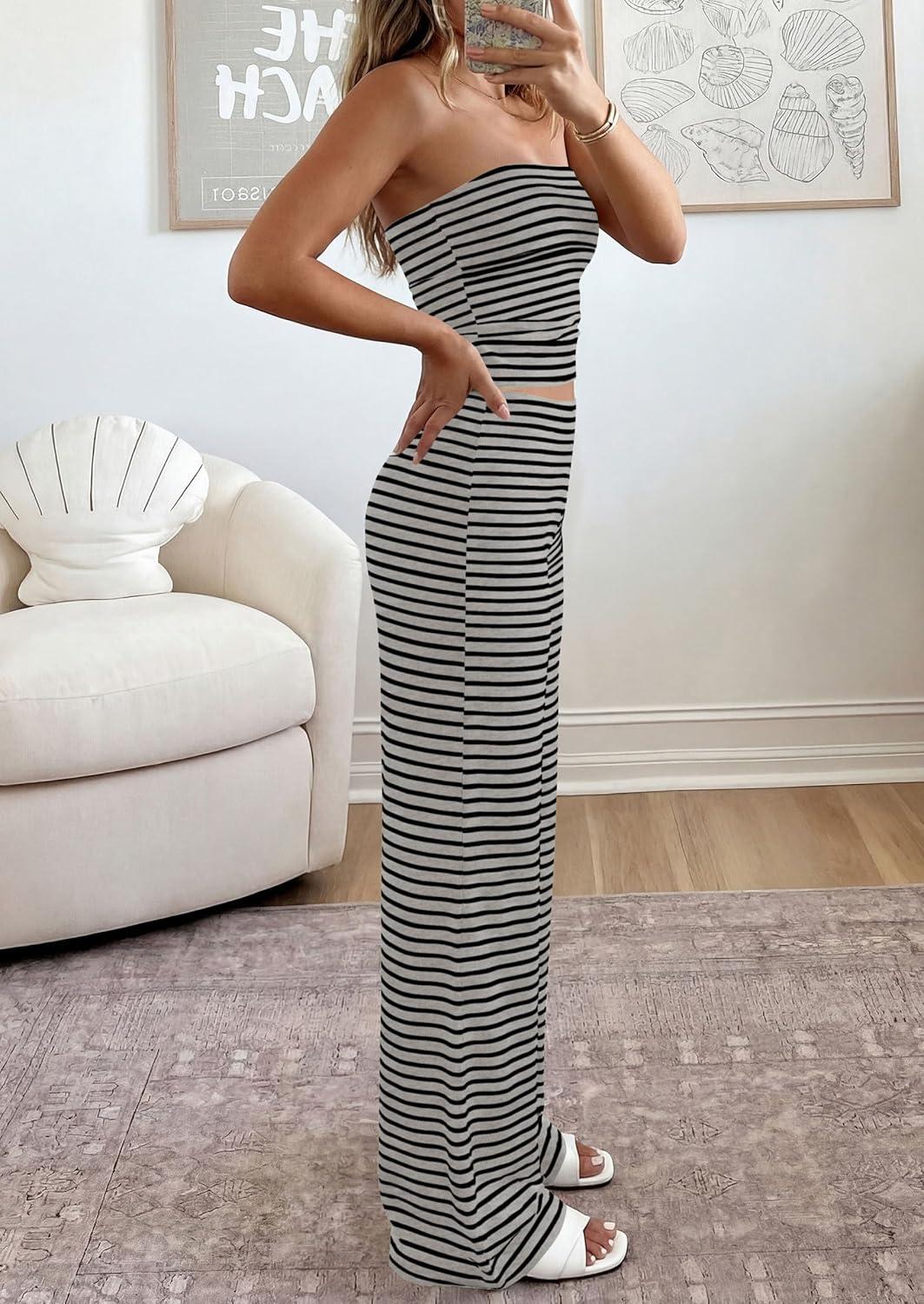 imagePRETTYGARDEN Summer Sets Women 2 Piece Outfits 2026 Matching Striped Loungewear Spring Airport Travel Beach Vacation ClothesGrey Black