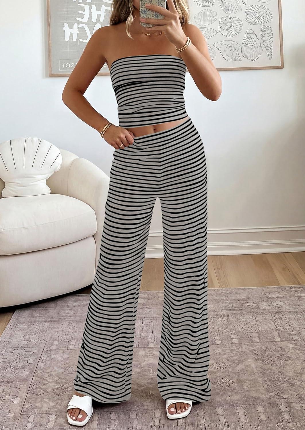 imagePRETTYGARDEN Summer Sets Women 2 Piece Outfits 2026 Matching Striped Loungewear Spring Airport Travel Beach Vacation ClothesGrey Black